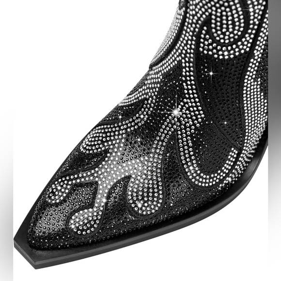 Rhinestone Flame Pointed Toe Block Heel Sparkly Cowboy Ankle Booties - Picture 4 of 8